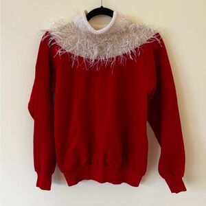 🎄Vintage Red Holiday Sweater w/ Cream Fuzzy Feather Knit Collar – One of a Kind!